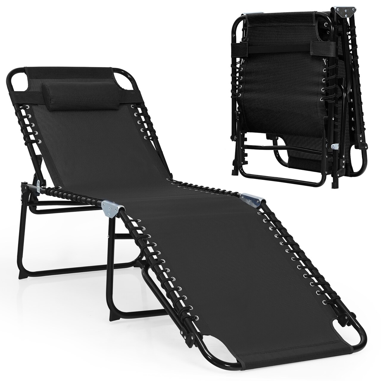 Costway Folding Lounge Chaise 16'' High Recline Chair W/Adjustable Backrest and Footrest